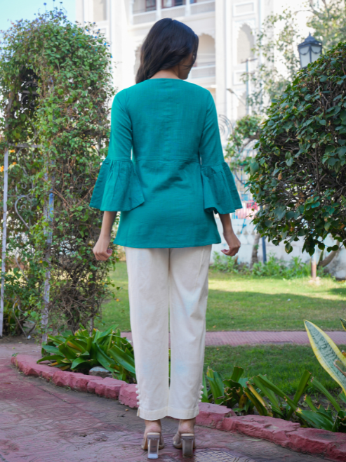 casual bell sleeve solid women top blue