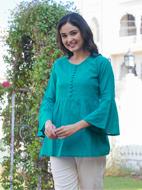 casual bell sleeve solid women top blue