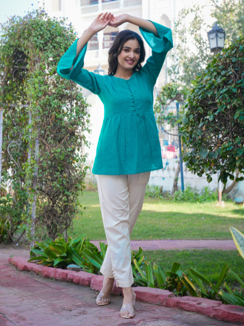 casual bell sleeve solid women top blue