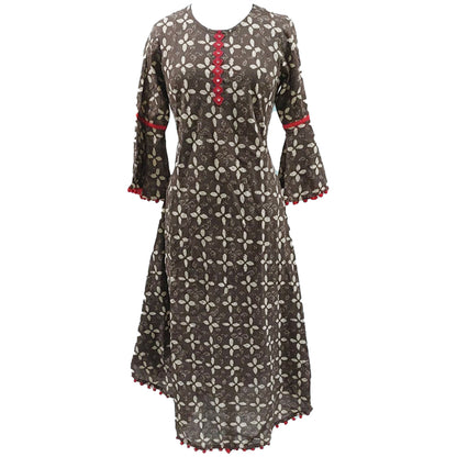 Yash Gallery Women's Cambric Cotton Printed Mirror Work A-Line Kurta (BROWN)