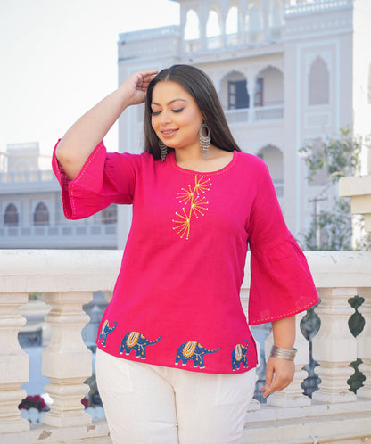 Yash Gallery Women's Cotton Slub Patch Work Top Plus Size