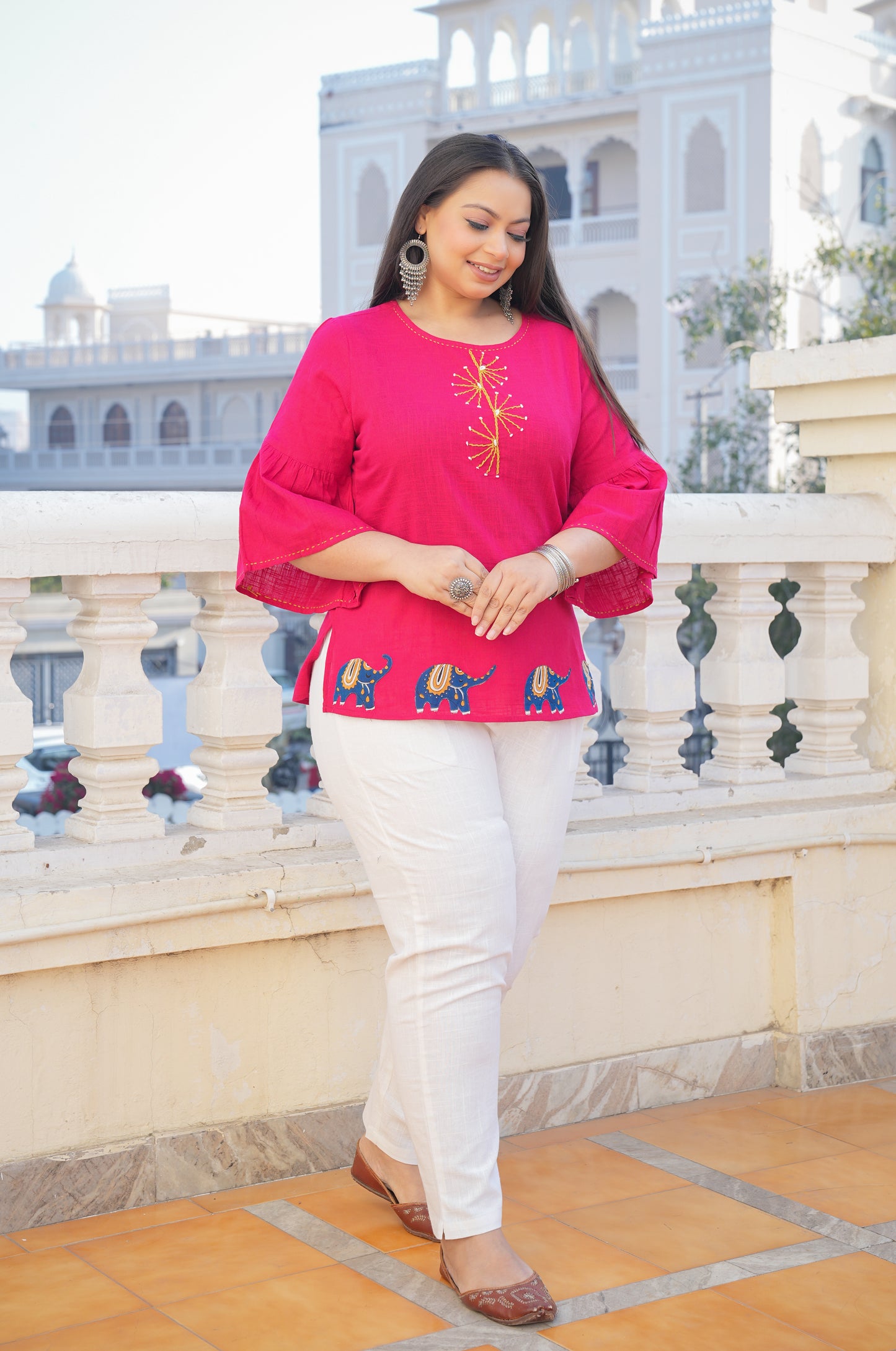 Yash Gallery Women's Cotton Slub Patch Work Top Plus Size