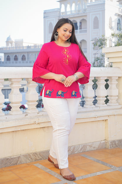 Yash Gallery Women's Cotton Slub Patch Work Top Plus Size