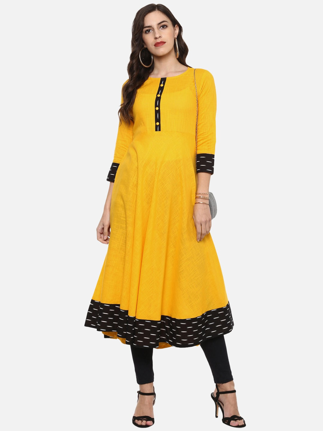 Plus Size Cotton Printed Anarkali Kurta (Yellow)