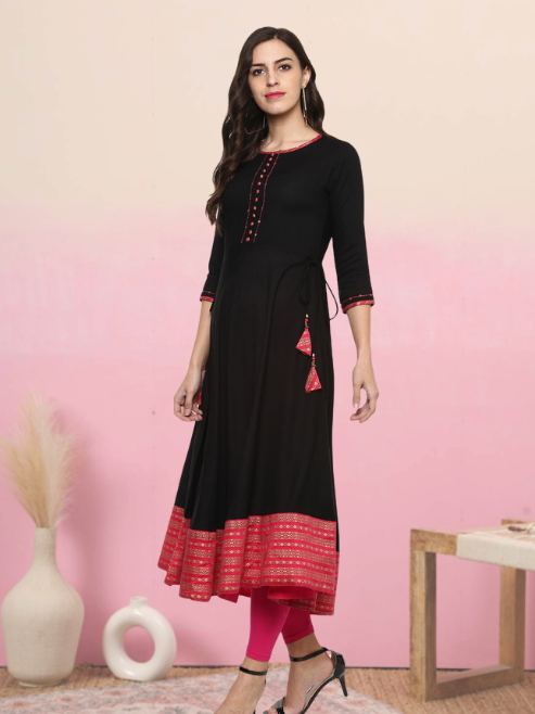 YASH GALLERY Women's Rayon Printed Anarkali Kurta Plus Size (Black)