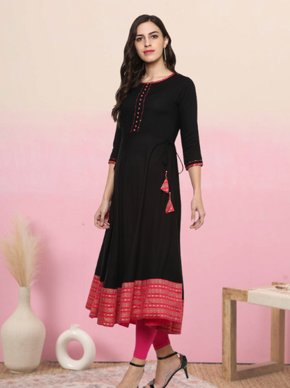 YASH GALLERY Women's Rayon Printed Anarkali Kurta Plus Size (Black)