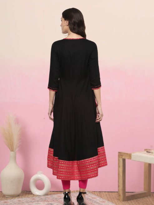 YASH GALLERY Women's Rayon Printed Anarkali Kurta Plus Size (Black)