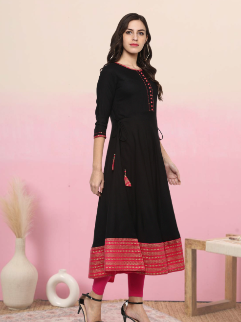 YASH GALLERY Women's Rayon Printed Anarkali Kurta Plus Size (Black)