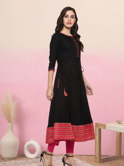 YASH GALLERY Women's Rayon Printed Anarkali Kurta Plus Size (Black)