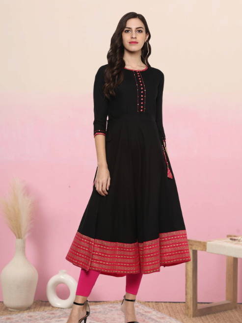 YASH GALLERY Women's Rayon Printed Anarkali Kurta Plus Size (Black)