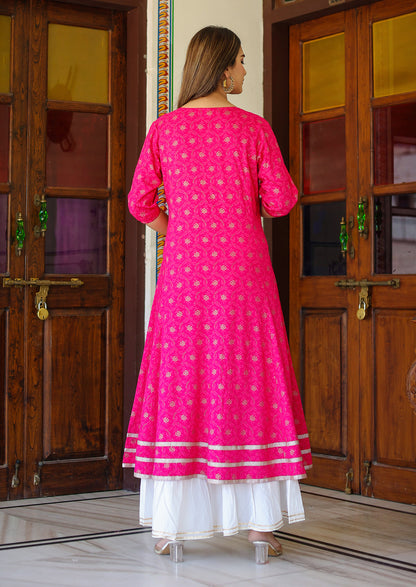 Yash Gallery Gold printed Pink Anarakali Kurta