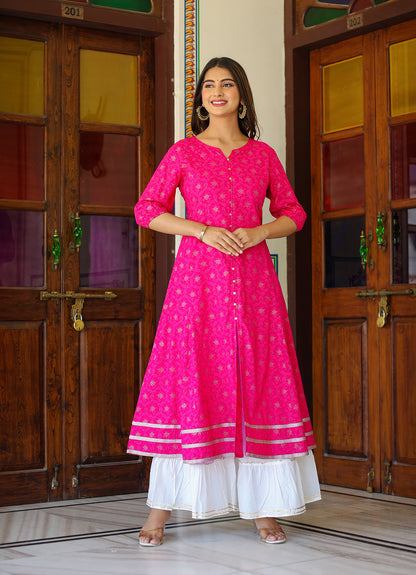 Yash Gallery Gold printed Pink Anarakali Kurta