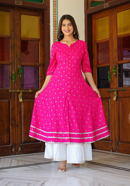 Yash Gallery Gold printed Pink Anarakali Kurta