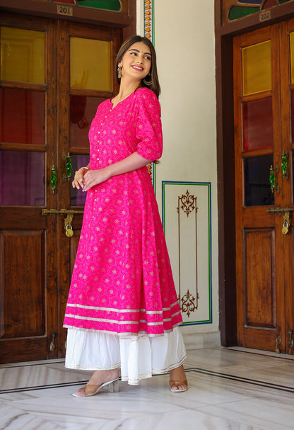 Yash Gallery Gold printed Pink Anarakali Kurta