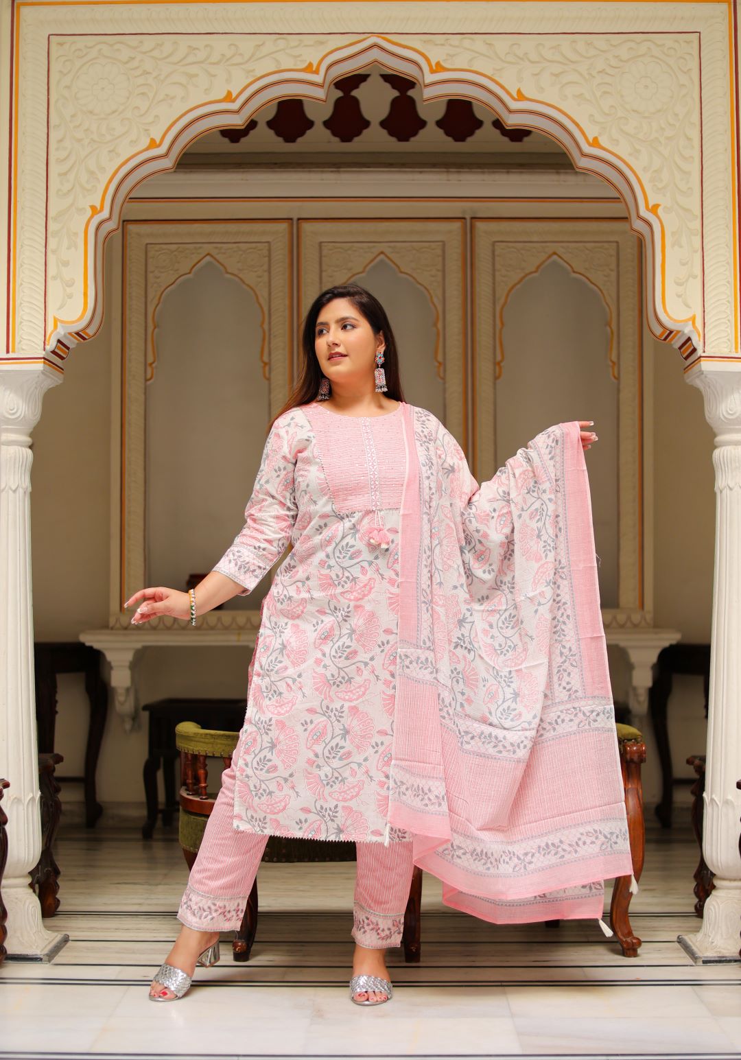 womens embroidered floral printed straight kurta with pant and dupatta peach