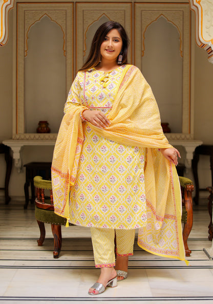 Yash Gallery Women's Embroidered Floral Printed Straight Kurta with Lehariya Printed Pant and Dupatta (Yellow)