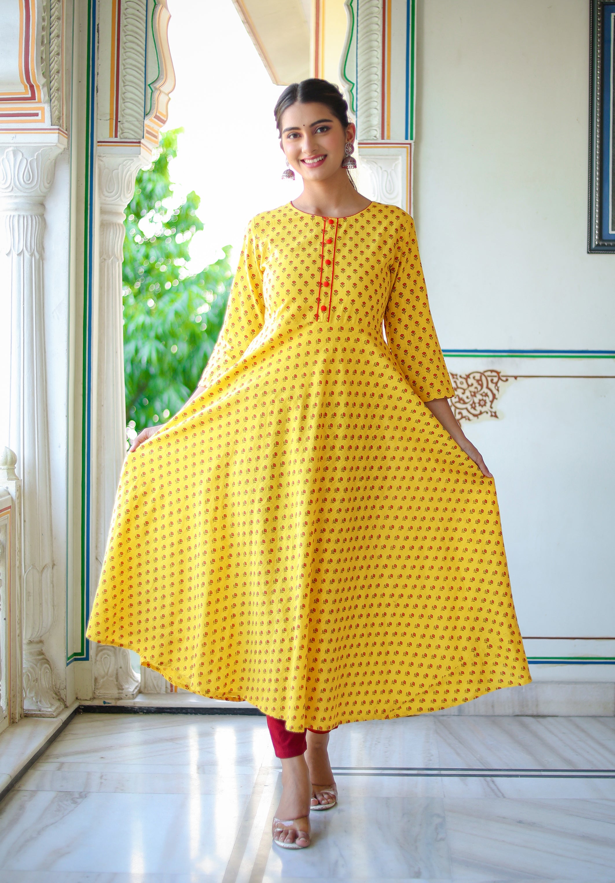 Yellow Floral Print Georgette Salwar Suit Set For Women Online