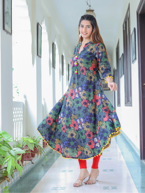 Yash Gallery Women’s Cotton Printed A-Line Kurta Mandarin Collar V-Neck, 3/4 Sleeves Plus Size