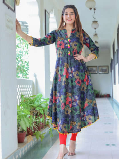 Yash Gallery Women’s Cotton Printed A-Line Kurta Mandarin Collar V-Neck, 3/4 Sleeves Plus Size