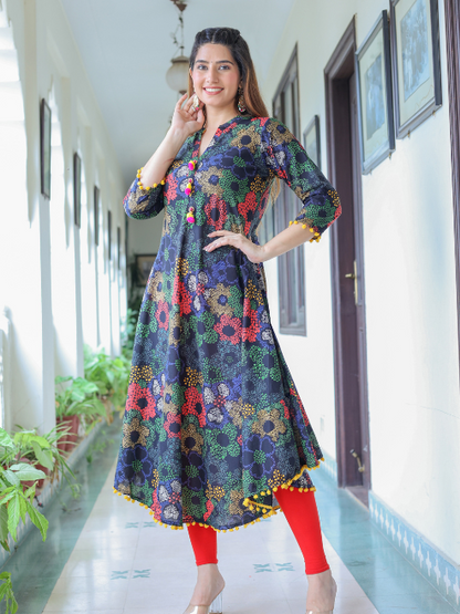 Yash Gallery Women’s Cotton Printed A-Line Kurta Mandarin Collar V-Neck, 3/4 Sleeves Plus Size