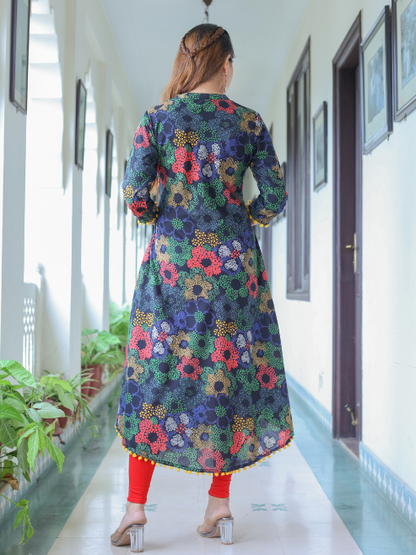 Yash Gallery Women’s Cotton Printed A-Line Kurta Mandarin Collar V-Neck, 3/4 Sleeves Plus Size