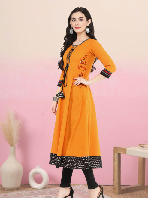 women cotton slub embroidered anarkali kurta green