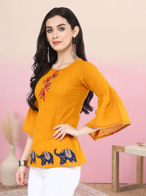 yash gallery womens cotton slub patch work top green