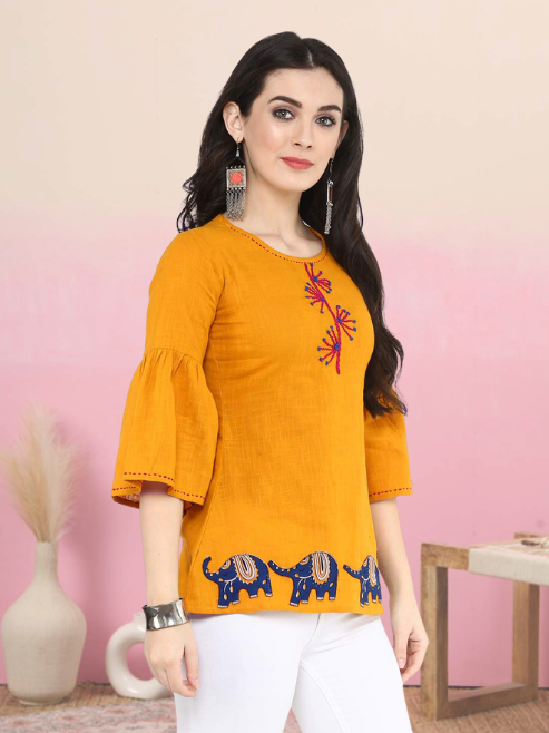 yash gallery womens cotton slub patch work top green