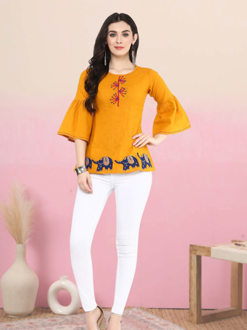 yash gallery womens cotton slub patch work top green