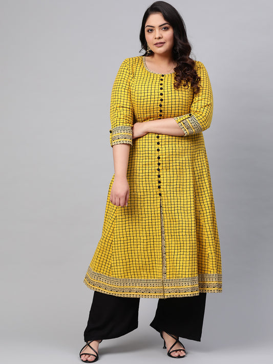 Yash Gallery Women's Cotton Slub Checks Print Anarkali Kurta Plus Size