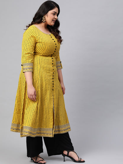 Yash Gallery Women's Cotton Slub Checks Print Anarkali Kurta Plus Size