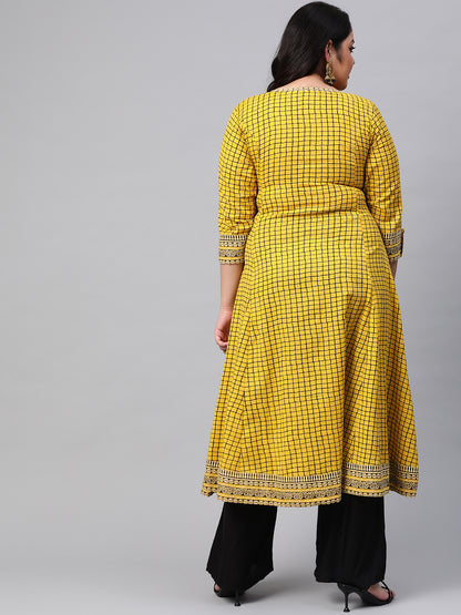 Yash Gallery Women's Cotton Slub Checks Print Anarkali Kurta Plus Size