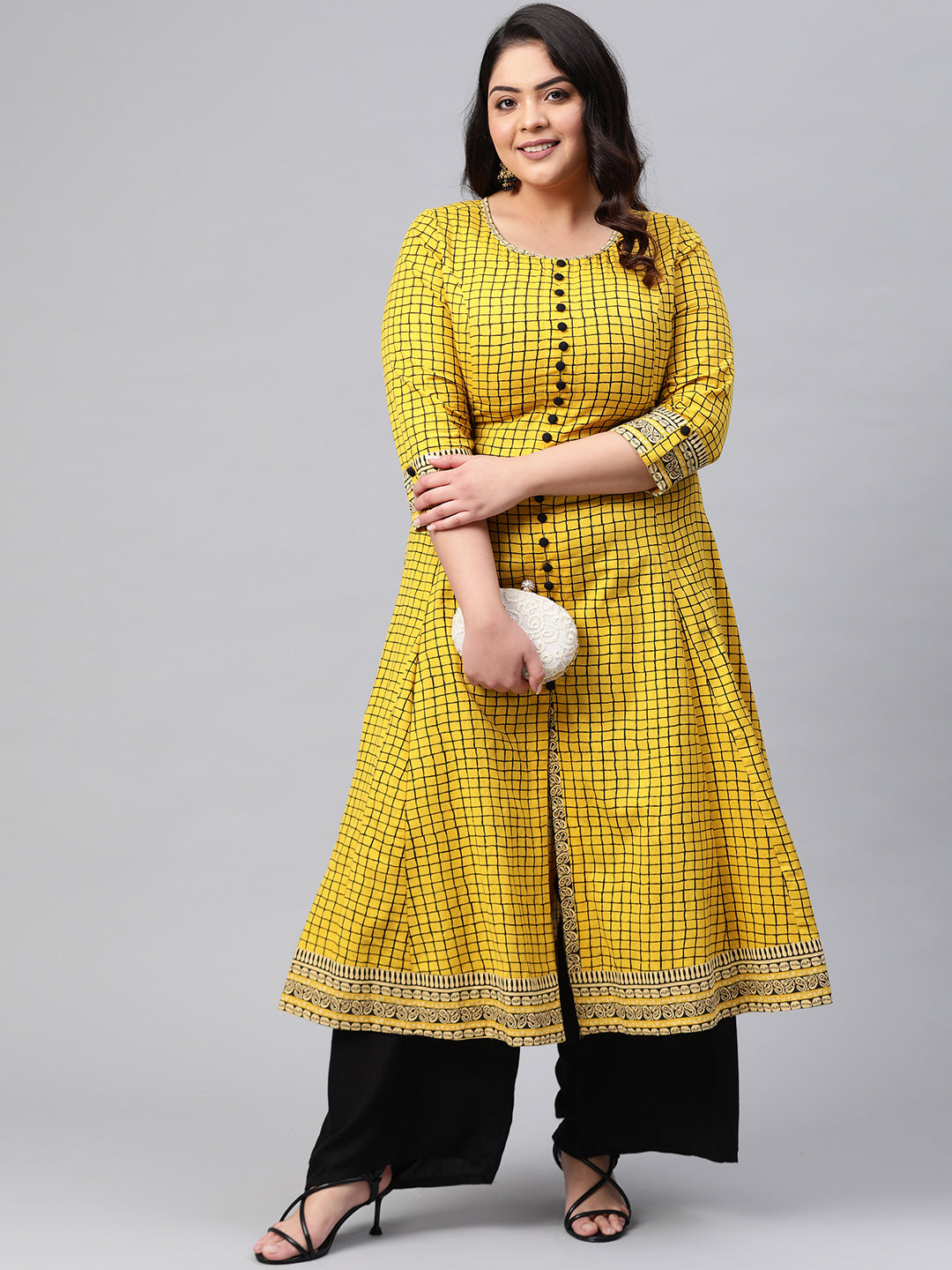 Yash Gallery Women's Cotton Slub Checks Print Anarkali Kurta Plus Size