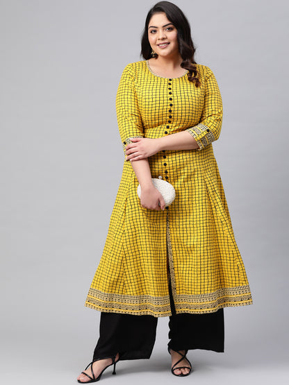 Yash Gallery Women's Cotton Slub Checks Print Anarkali Kurta Plus Size
