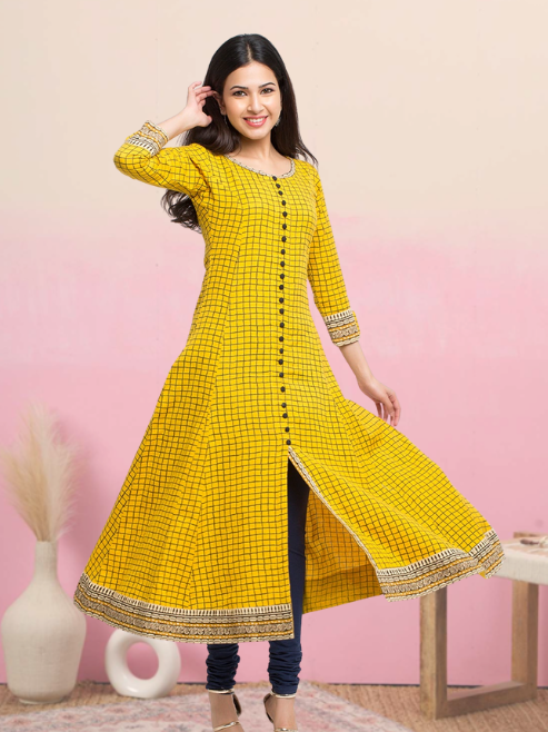 yash gallery womens cotton slub checks print anarkali kurta 