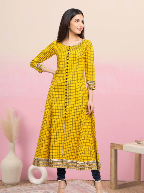 yash gallery womens cotton slub checks print anarkali kurta 