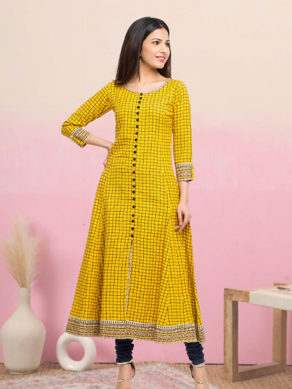 yash gallery womens cotton slub checks print anarkali kurta 
