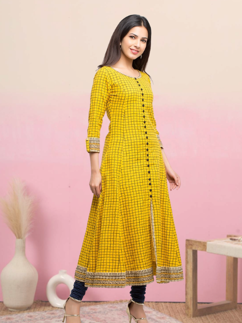 yash gallery womens cotton slub checks print anarkali kurta 