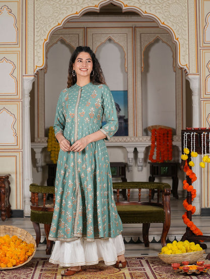 Rayon Floral Printed Anarkali Kurta (GREEN)