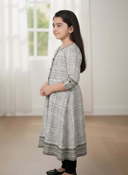 Yash Gallery Kids Cotton Slub Geomatrical Printed Rayon Anarkali Kurta (Off White)