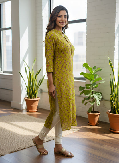 Yash Gallery Women Rayon Staple Plus Size Printed Straight Kurta | Soft & Breathable Fabric | 3/4th Sleeves | V-Notch Neck | Casual, Office & Daily Wear Kurti for Women
