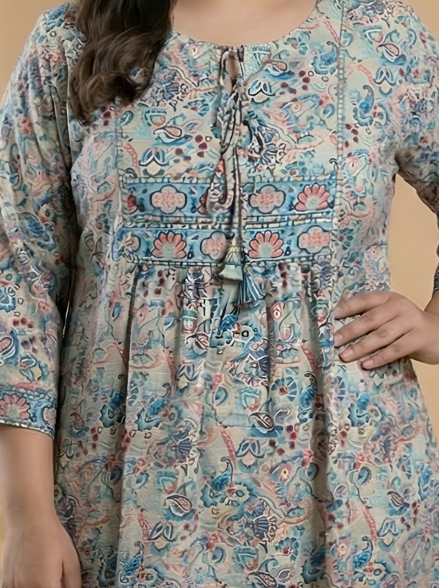 Yash Gallery Women’s Microfiber Printed Short Kurta Tie-Up Keyhole Neck, 3/4 Sleeves (Multi)