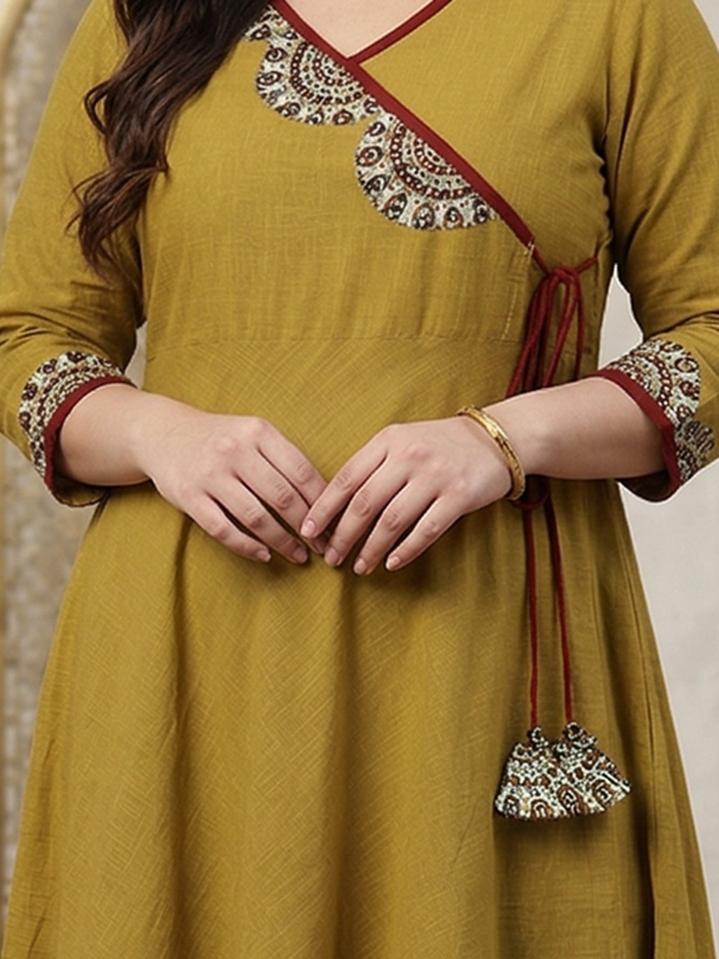 Yash Gallery Women's Cotton Slub Patch Work Angrakha Kurta Plus Size