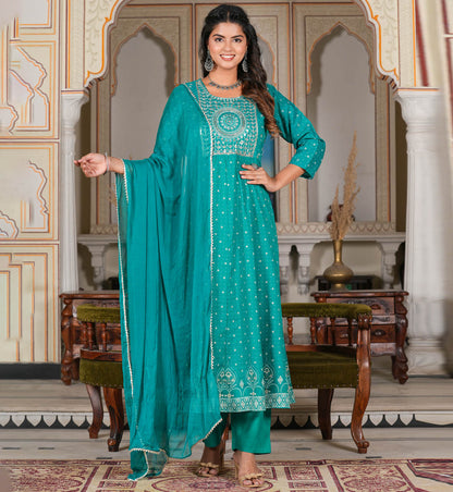 YASH GALLERY Women's Green Floral Printed Embroidered Anarkali Kurta with Pant & Dupatta Set