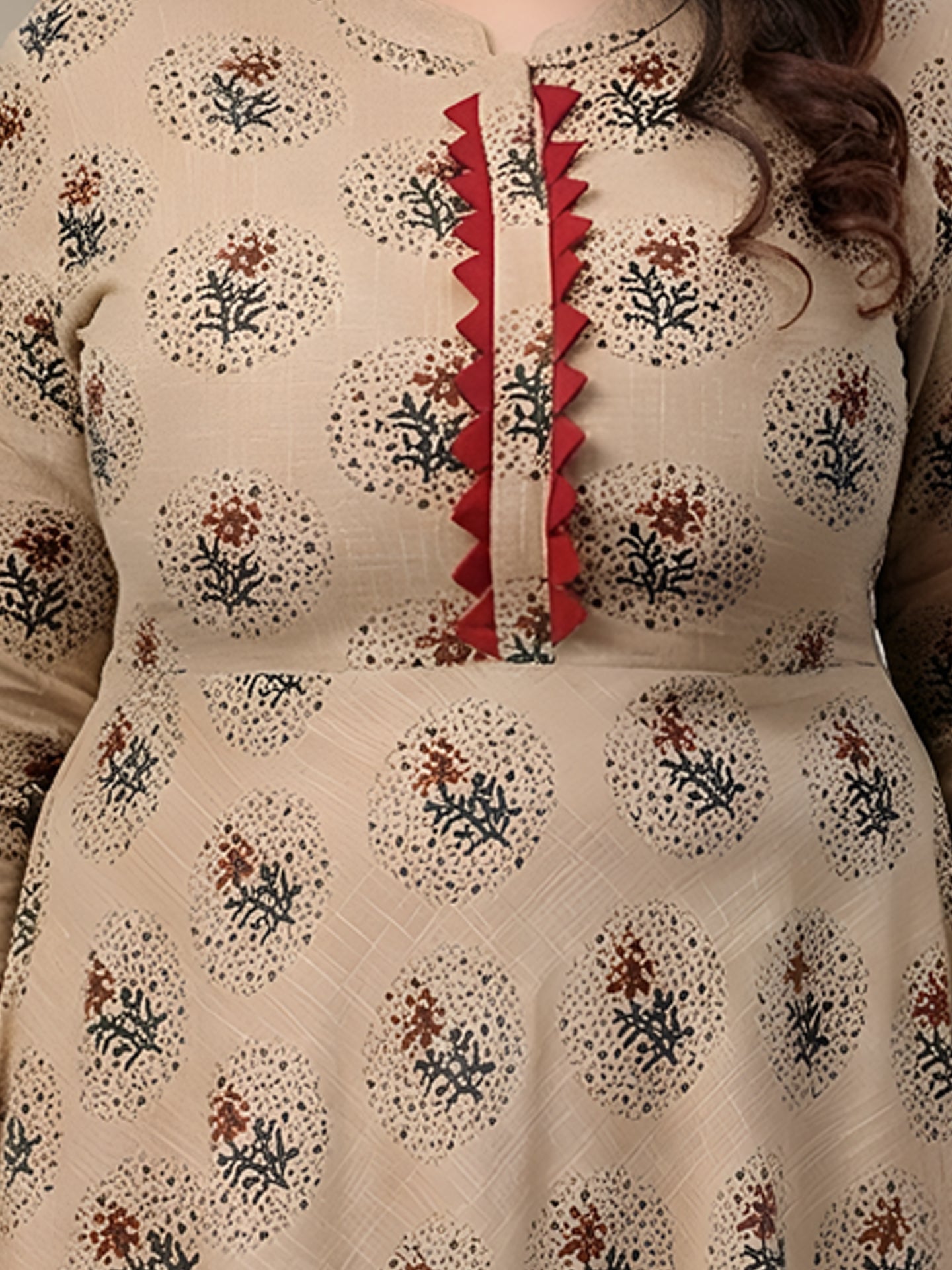 Cotton Blend Floral Print Anarkali Kurta Plus Size (Beige)