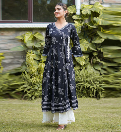 Rayon Floral Print Angrakha Kurta