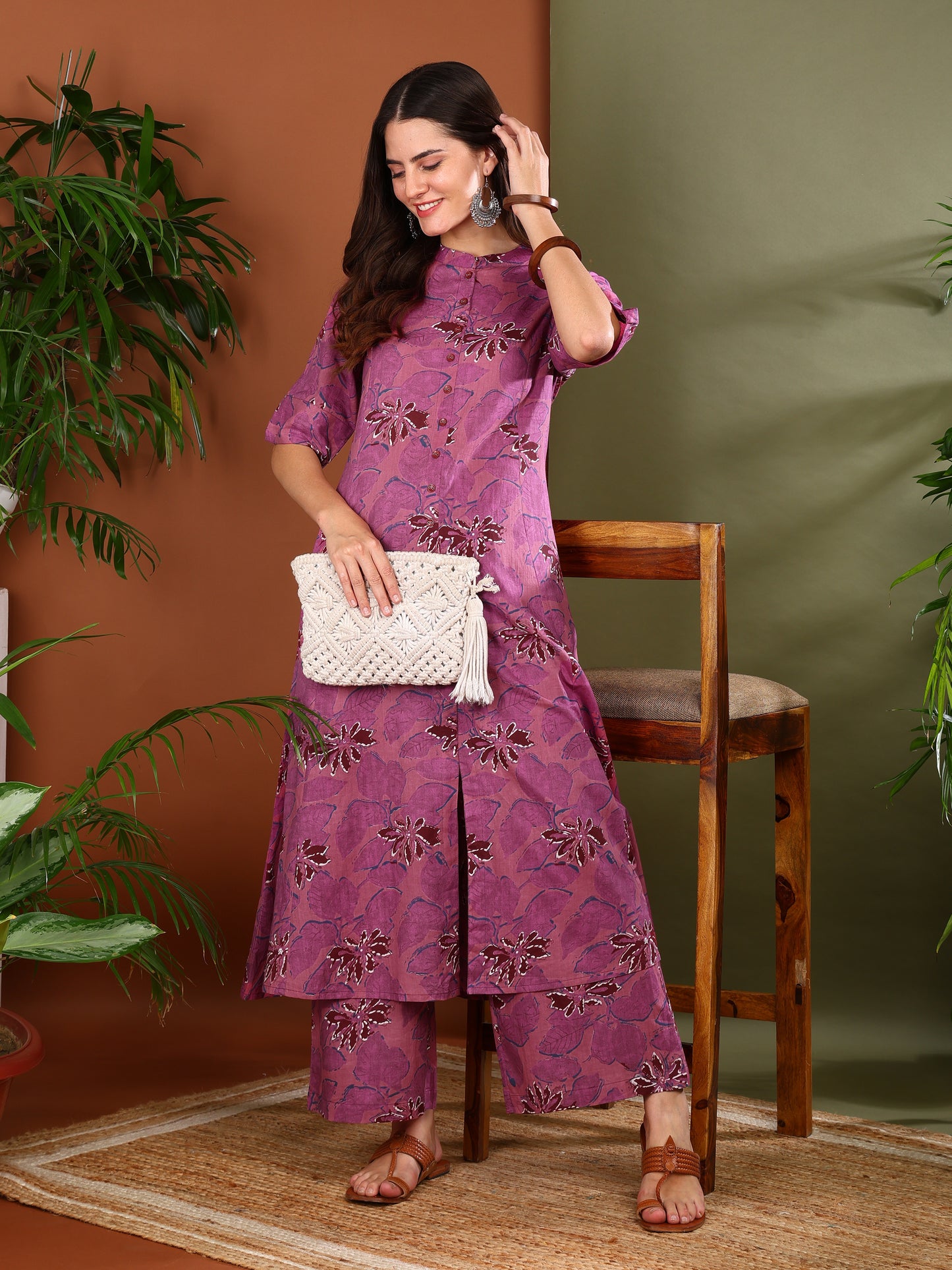 Yash Gallery Women's Cotton Floral Print Knee Length Half Sleeve A-line Kurta With Pant