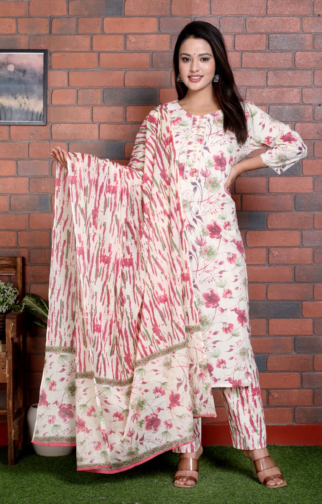 Yash Gallery Women's Floral Printed Embroidered Kurta with Pant & Dupatta Set