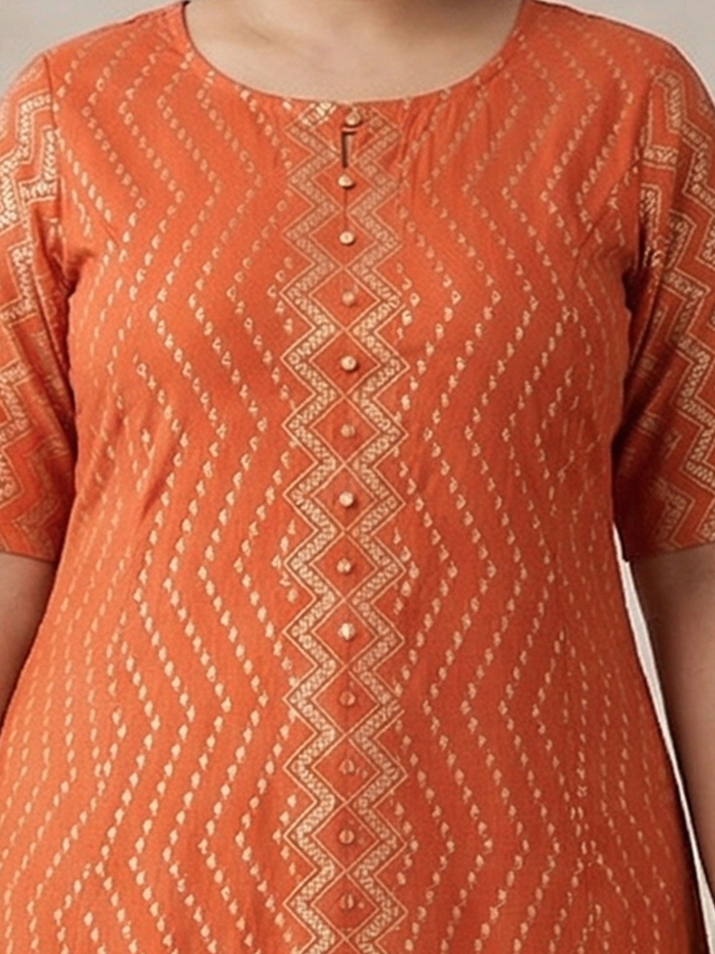 Yash Gallery Women's Rayon Zig-Zag Gold Print Anarkali Kurta Plus Size (Orange)