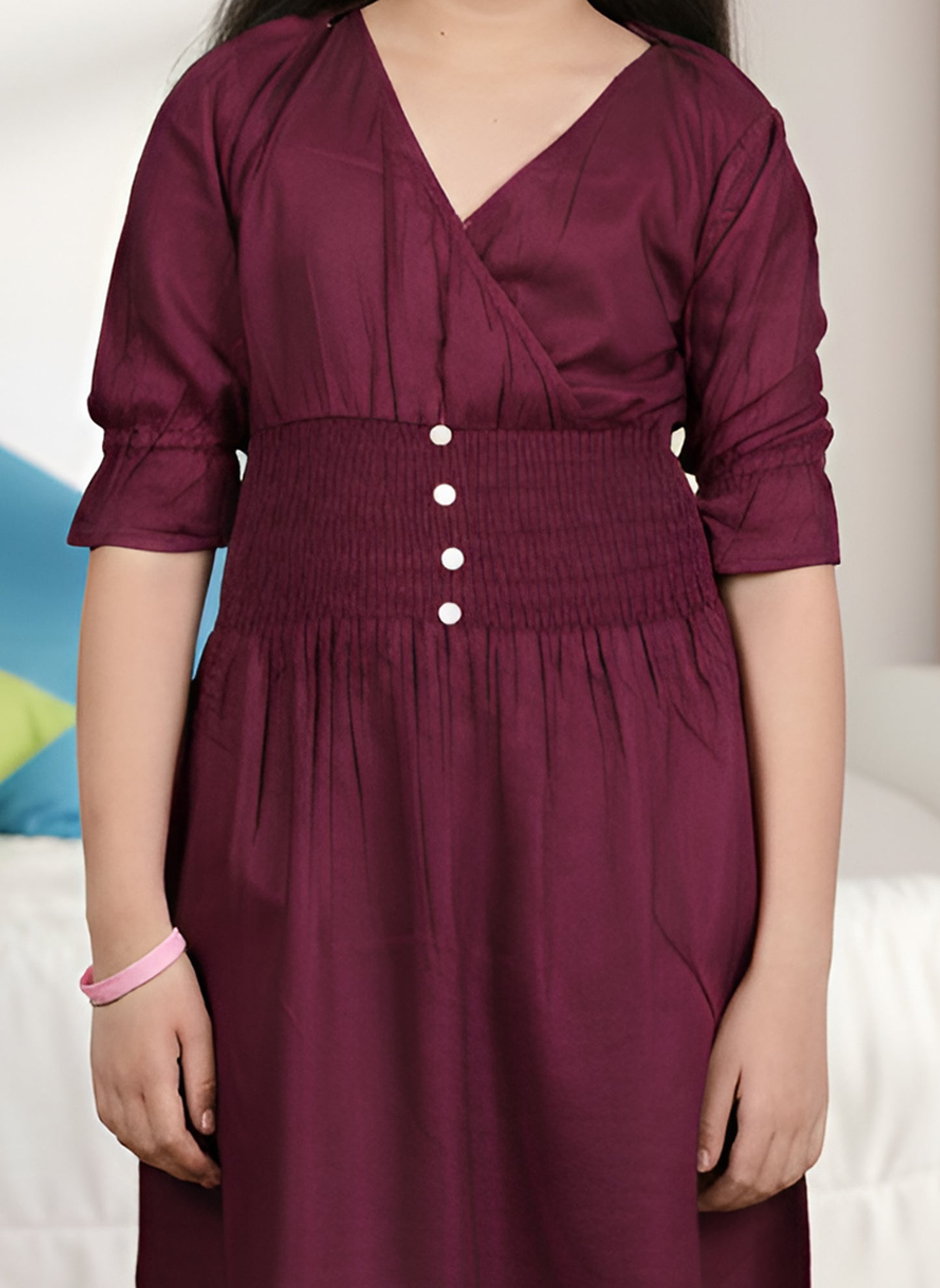 YASH GALLERY Kids Smoking Embroidery Dress (Maroon)